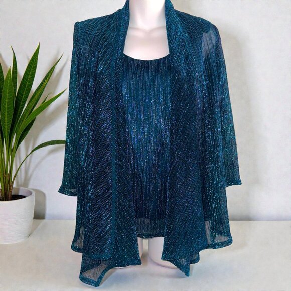 R&M Collection Teal Shimmer Sleeveless Top w/ Sheer Overlay | Size S - Picture 3 of 12